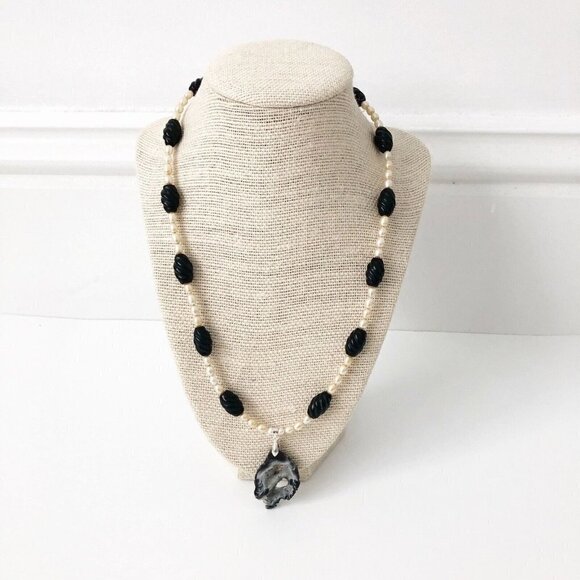 NWT Genuine Geode, Black Onyx & Pearls Beads Beaded Necklace Black White Gray - Picture 1 of 5